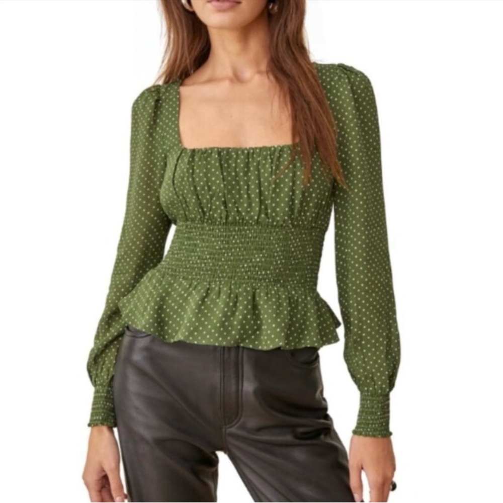 Reformation Hearth Long Sleeve Top Peat Green Polka Dot | 8